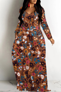 Brown Casual National Totem Print Pocket Contrast O Neck Printed Dresses