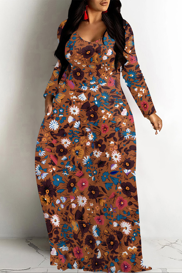 Brown Casual National Totem Print Pocket Contrast O Neck Printed Dresses