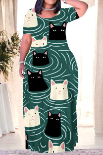 Ink Green Casual Graffiti Print Pocket Contrast O Neck Printed Plus Size Dresses