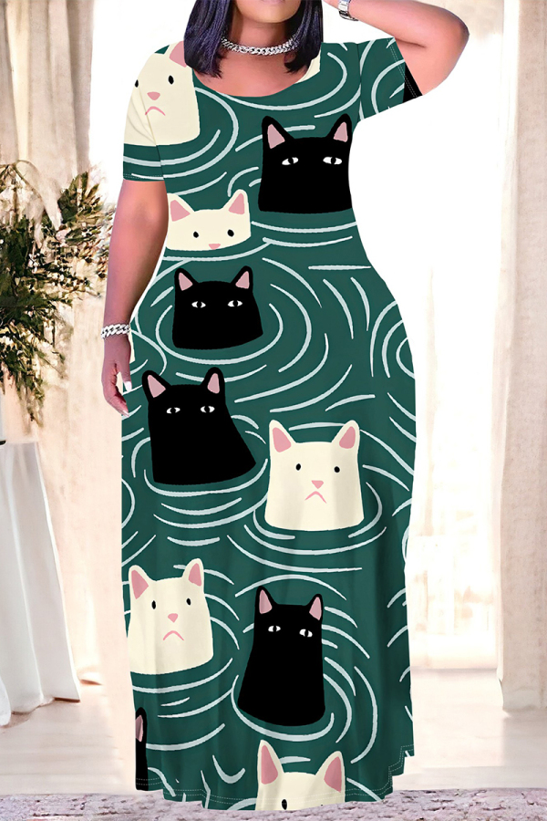 Ink Green Casual Graffiti Print Pocket Contrast O Neck Printed Plus Size Dresses