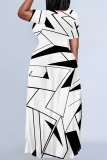 Multicolor Casual Geometric Print Pocket Contrast O Neck Printed Plus Size Dresses