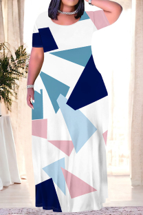Multicolor Casual Geometric Print Pocket Contrast O Neck Printed Plus Size Dresses