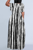 Purple Casual Striped Print Pocket Contrast O Neck Printed Plus Size Dresses