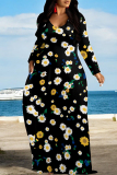 Yellow White Casual Colorblock Flowers Print Pocket Contrast O Neck Printed Dresses