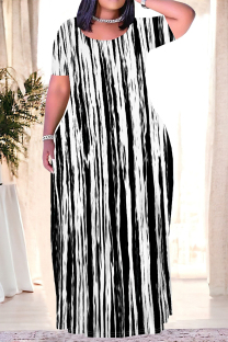 Black And White Casual Striped Print Pocket Contrast O Neck Printed Plus Size Dresses