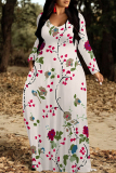 Yellow White Casual Colorblock Flowers Print Pocket Contrast O Neck Printed Dresses