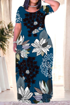 Blue Casual Graffiti Print Pocket Contrast O Neck Printed Plus Size Dresses