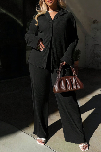 Black Casual Daily Solid Color Buttons Turndown Collar Long Sleeve Two Pieces