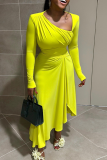 Fluorescent Yellow Elegant Solid Color Patchwork Ruched Asymmetrical Collar Irregular Dresses