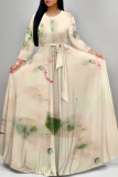 Beige Elegant Floral Print Gradient Lace Up O Neck Printed Dresses