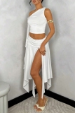 White Sexy Solid Color Slit Ruched Irregular Belted Oblique Collar Sleeveless Two Pieces