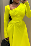 Fluorescent Yellow Elegant Solid Color Patchwork Ruched Asymmetrical Collar Irregular Dresses