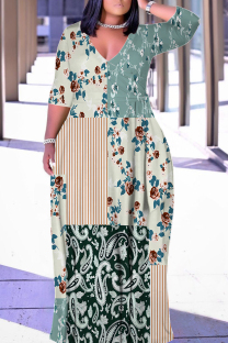Beige Casual Graffiti Print Lace Up Contrast V Neck Printed Plus Size Dresses