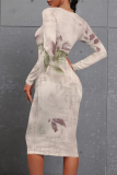 Blue Casual Floral Print Gradient Contrast O Neck Printed Dresses