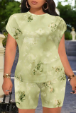 Light Color Casual Gradient Print Flowers Contrast O Neck Short Sleeve Two Pieces