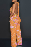 Pink Casual Floral Print Pocket Lace Up Backless Halter Loose Jumpsuits