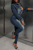 Deep Blue Casual Daily Solid Color Buttons Turndown Collar Long Sleeve High Waist Bodycon Denim Jumpsuits