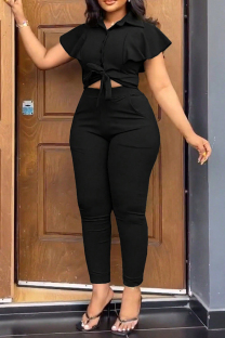 Black Casual Sportswear Solid Color Buttons Belted Turndown Collar Short Sleeve Two Pieces