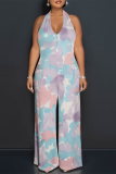 Pink Casual Floral Print Pocket Lace Up Backless Halter Loose Jumpsuits