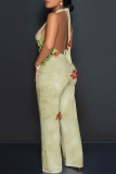 Pink Casual Floral Print Pocket Lace Up Backless Halter Loose Jumpsuits