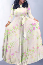 Pink Elegant Floral Print Gradient Lace Up O Neck Printed Dresses