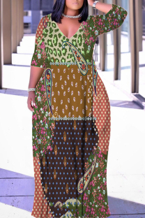 Brown Casual Graffiti Print Lace Up Contrast V Neck Printed Plus Size Dresses