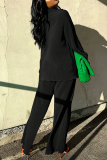 Black Casual Daily Solid Color Buttons Turndown Collar Long Sleeve Two Pieces