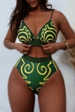 Green Sexy Hot Print Backless Belted Swimwears (With Paddings)