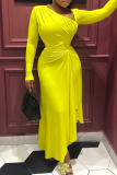 Fluorescent Yellow Elegant Solid Color Patchwork Ruched Asymmetrical Collar Irregular Dresses