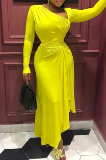 Fluorescent Yellow Elegant Solid Color Patchwork Ruched Asymmetrical Collar Irregular Dresses