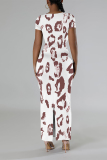 Gray White Casual Leopard Print Tiger Stripes Contrast O Neck Printed Short Sleeve Dress