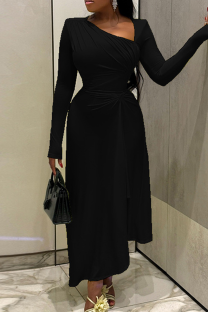 Black Elegant Solid Color Patchwork Ruched Asymmetrical Collar Irregular Dresses