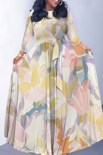 Beige Elegant Floral Print Gradient Lace Up O Neck Printed Dresses