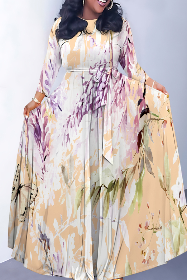 Orange Elegant Floral Print Gradient Lace Up O Neck Printed Dresses