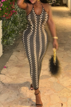 Black Sexy Print Patchwork Backless Halter Long Dresses