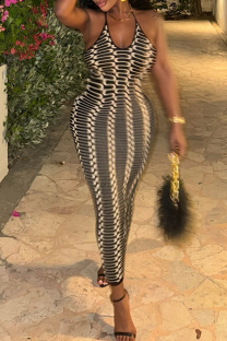 Black Sexy Print Patchwork Backless Halter Long Dresses
