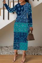 Turquoise Casual Geometric Print Contrast O Neck Printed Dresses
