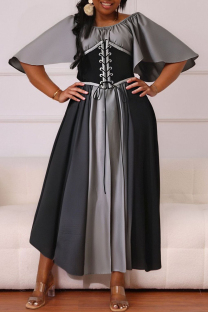 Grey Casual Daily Patchwork Belted Contrast O Neck Long Dresses