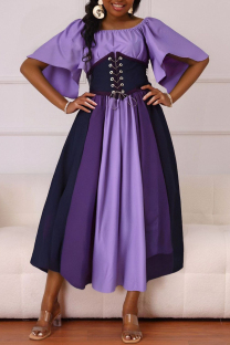 Purple Casual Daily Patchwork Belted Contrast O Neck Long Dresses
