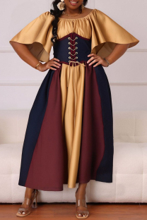 Yellow Casual Daily Patchwork Belted Contrast O Neck Long Dresses