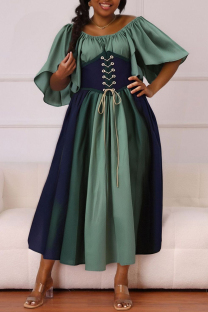 Green Casual Daily Patchwork Belted Contrast O Neck Long Dresses
