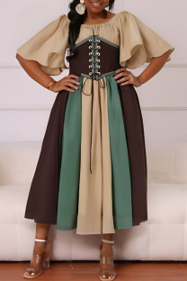 Khaki Casual Daily Patchwork Belted Contrast O Neck Long Dresses