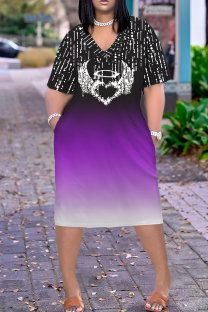 Black Purple Casual Print Pocket Patchwork V Neck Straight Plus Size Dresses
