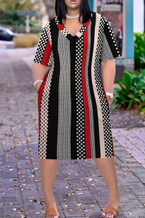 Colour Casual Print Pocket Patchwork V Neck Straight Plus Size Dresses