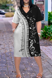 White Black Casual Print Pocket Patchwork V Neck Straight Plus Size Dresses