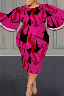 Rose Red Casual Print Patchwork O Neck Wrapped Skirt Plus Size Dresses