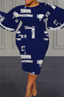 Blue Casual Print Patchwork O Neck Wrapped Skirt Plus Size Dresses