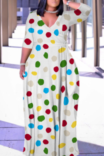 Multicolor Casual Geometric Print Lace Up Contrast V Neck Printed Plus Size Dresses