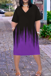 Black Purple Casual Print Pocket Patchwork V Neck Plus Size Dresses