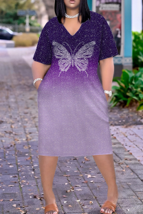 Light Purple Casual Print Pocket Patchwork V Neck Straight Plus Size Dresses
